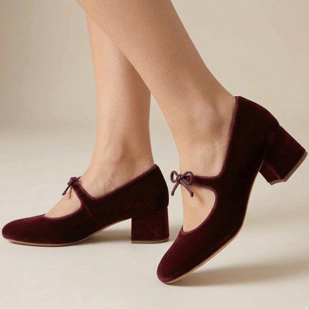 NWOB J. Crew Velvet Bow Tie Heeled Mary Janes Shoes Burgundy Red Womens Size 9.5
